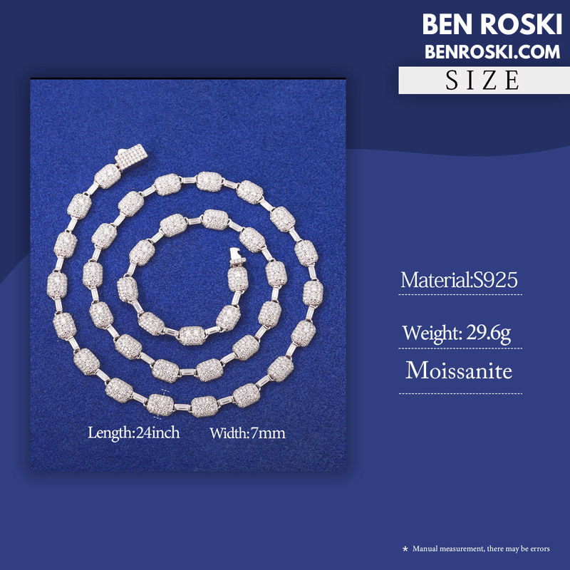 7MM Moissanite Cushion Link Chain Necklace – 22 Inch Sterling Silver, Gold, or Rose Gold | VVS D Color Stones | GRA Certified