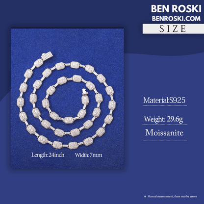 7MM Moissanite Cushion Link Chain Necklace – 22 Inch Sterling Silver, Gold, or Rose Gold | VVS D Color Stones | GRA Certified