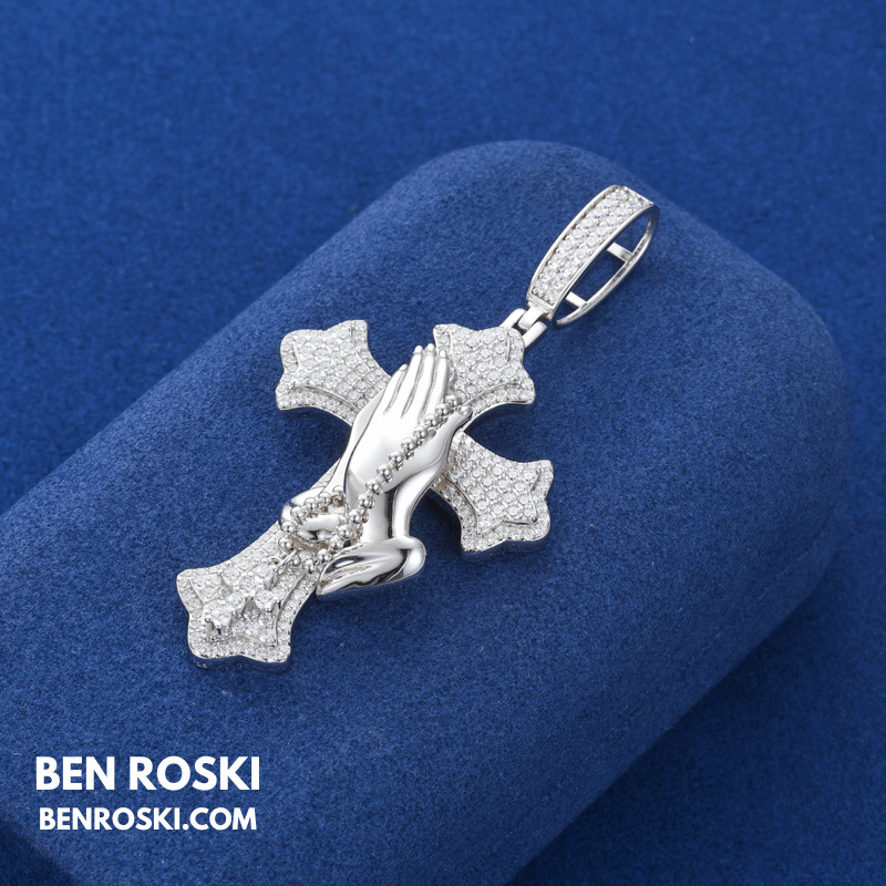 Praying Hands Cross Pendant – 71MM Height | VVS1 Moissanite | GRA Certified