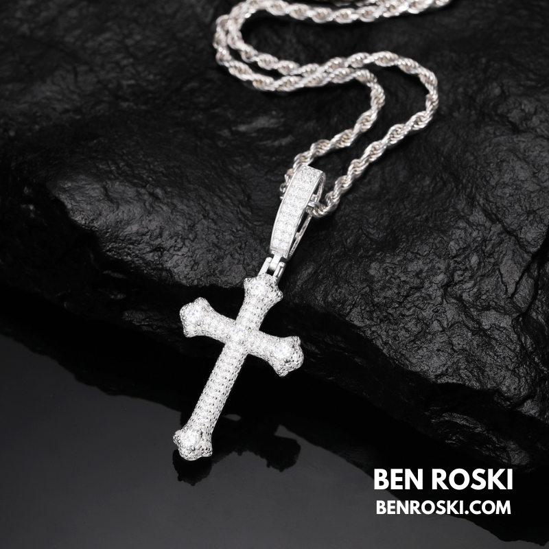 Iced Cross Pendant Sterling Silver, Gold & Rose Gold Plated | VVS Moissanite | GRA Certified