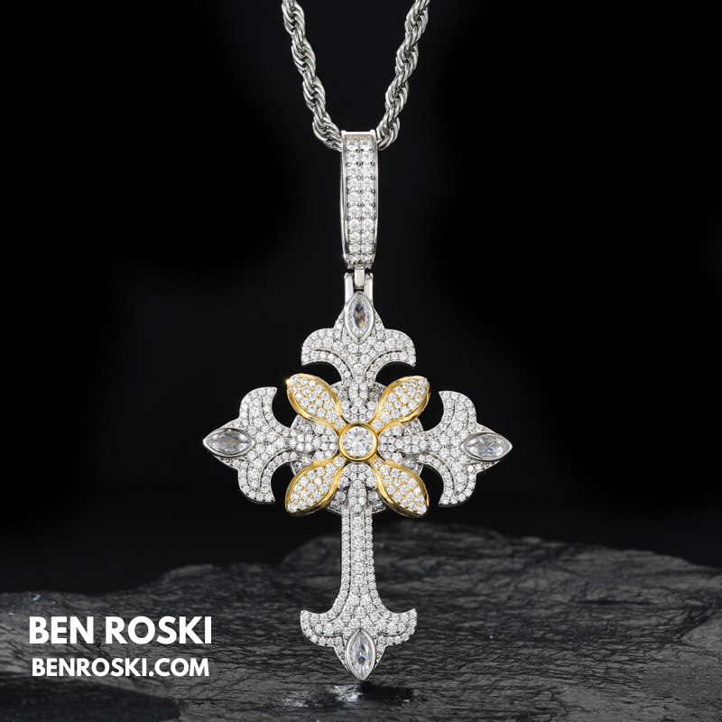 Floral Cross Pendant Sterling Silver, Gold & Rose Gold | VVS Moissanite | GRA Certified