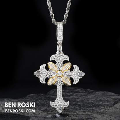 Floral Cross Pendant Sterling Silver, Gold & Rose Gold | VVS Moissanite | GRA Certified