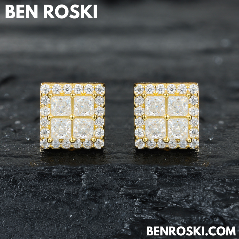 Square Cluster Stud Earrings Sterling Silver, Gold or Rose Gold Plated | 5A Moissanite Stones