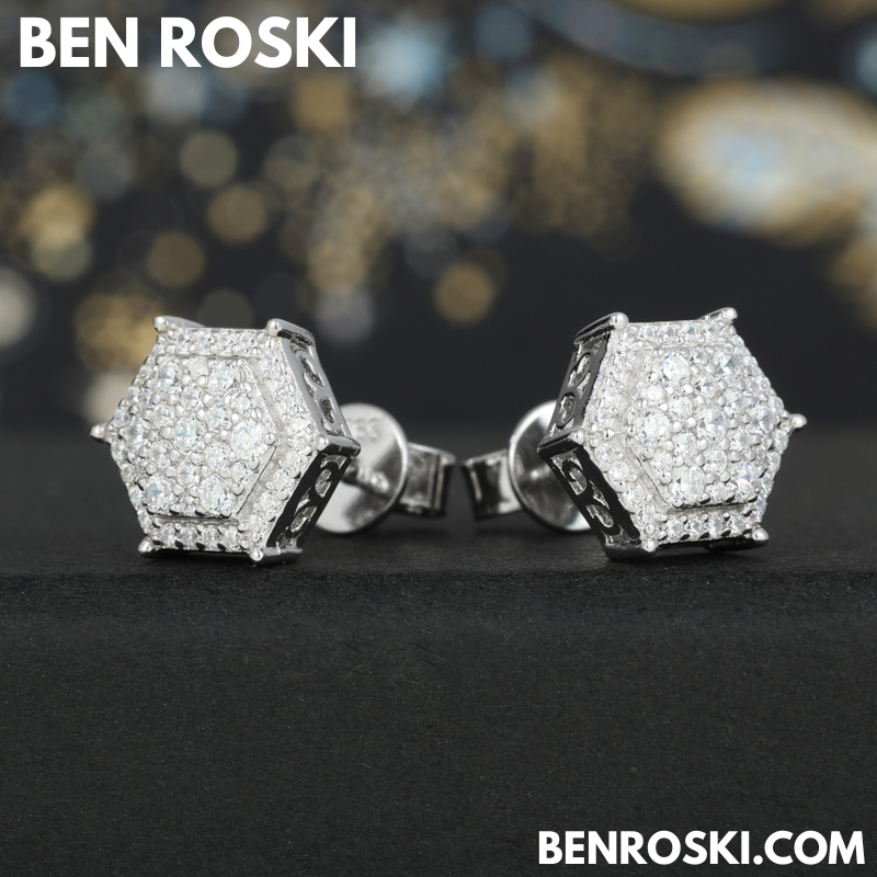 Hexagon Cluster Stud Earrings Sterling Silver, Gold, or Rose Gold Plated | VVS Moissanite | GRA Certified