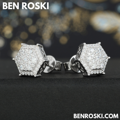 Hexagon Cluster Stud Earrings Sterling Silver, Gold, or Rose Gold Plated | VVS Moissanite | GRA Certified