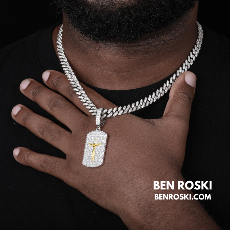 Crucifix Dog Tag Pendant Sterling Silver, Gold & Rose Gold | VVS Moissanite | GRA Certified