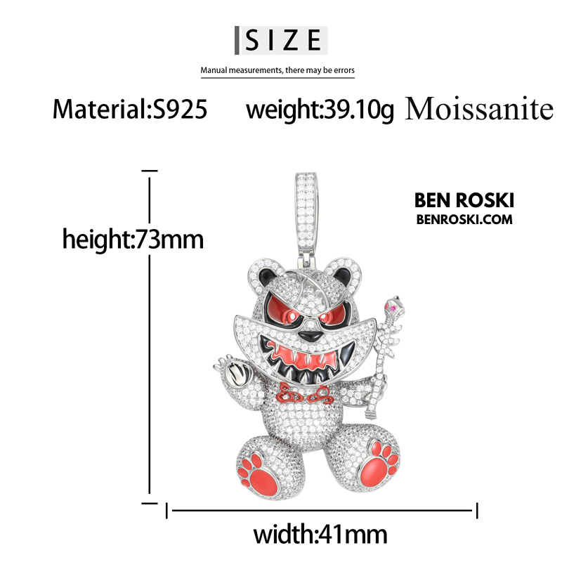 Evil Teddy Bear Pendant Sterling Silver or Gold / Rose Gold Plated | VVS Moissanite | GRA Certified