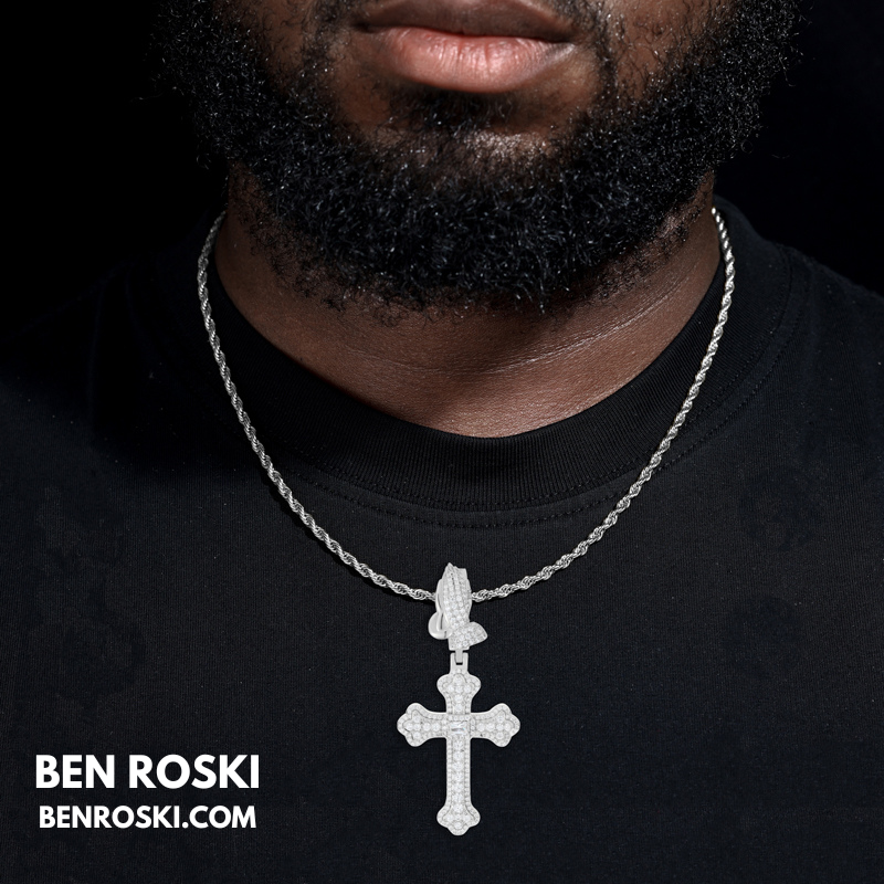 Moissanite Cross Pendant with Praying Hands Bail Sterling Silver, Gold, or Rose Gold | VVS Moissanite | GRA Certified