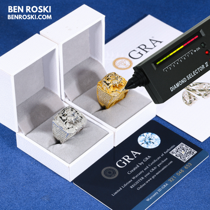 Iced-Out Tiger Head Ring Sterling Silver, Gold & Rose Gold | VVS Moissanite | GRA Certified