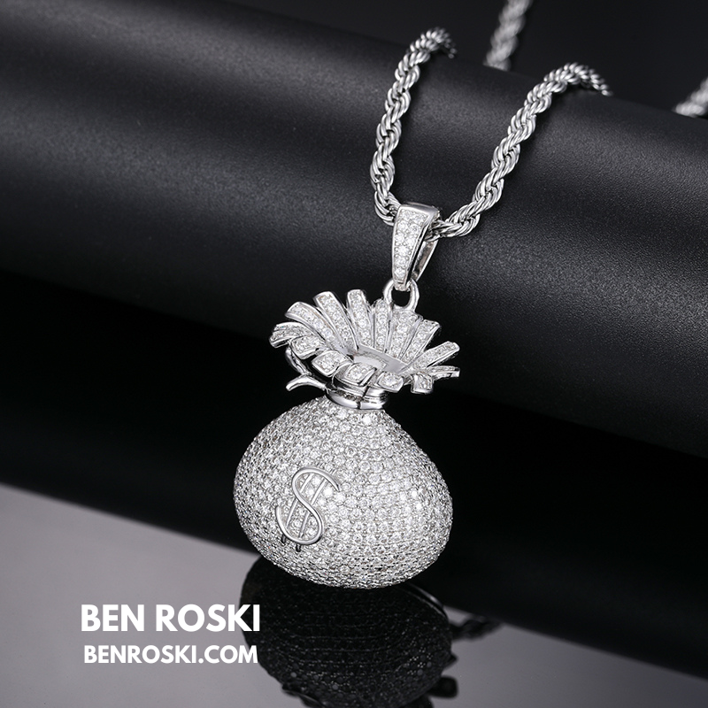 Money Bag Pendant Sterling Silver, Gold  & Rose Gold Plated | VVS Moissanite | GRA Certified