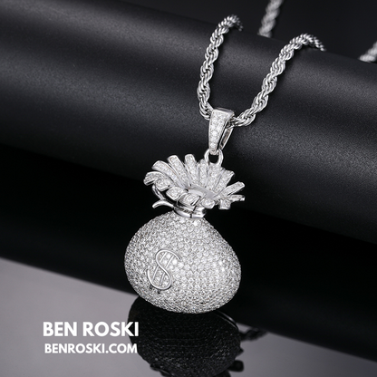 Money Bag Pendant Sterling Silver, Gold  & Rose Gold Plated | VVS Moissanite | GRA Certified