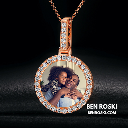 Custom Round Photo Pendant Sterling Silver, Gold & Rose Gold | VVS Moissanite | GRA Certified