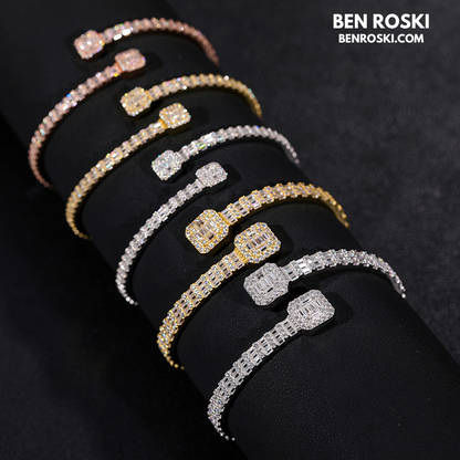 Baguette Moissanite Open Bangle – 7/8-Inch | 5.5MM | Silver, Gold Plated & Rose Gold Plated over 925 Silver | GRA Certified