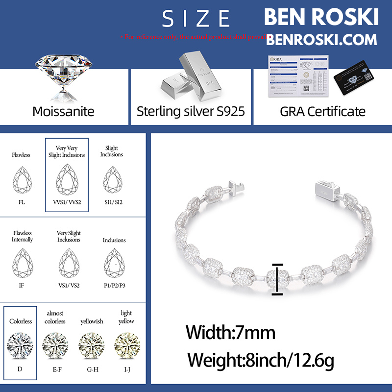 7MM Moissanite Bracelet Sterling Silver | GRA Certified | Gold & Rose Gold Plated