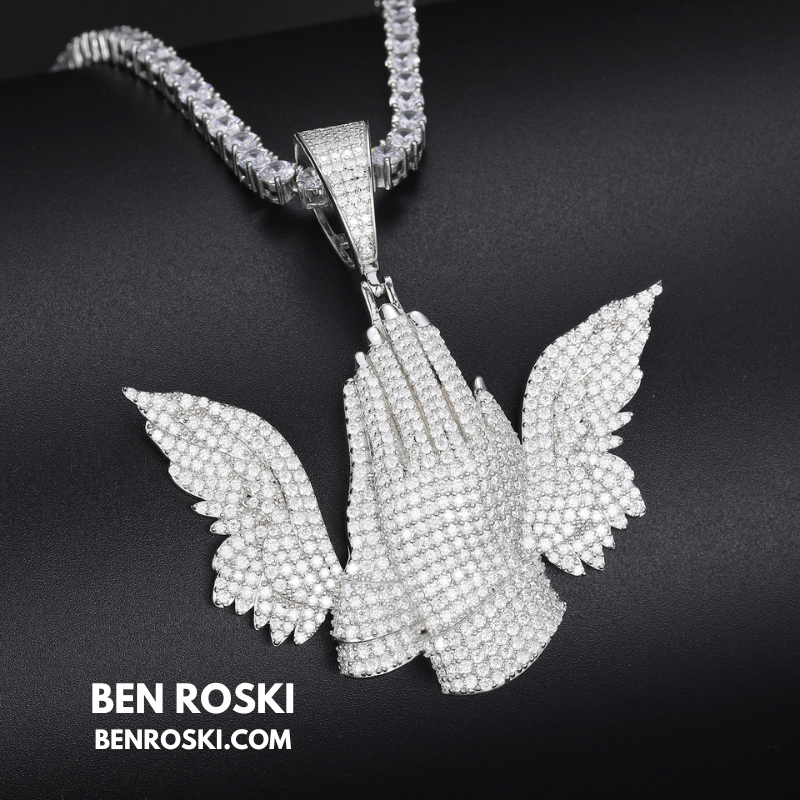 Praying Hands with Wings Pendant Sterling Silver, Gold, or Rose Gold | VVS Moissanite | GRA Certified