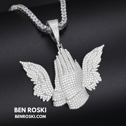 Praying Hands with Wings Pendant Sterling Silver, Gold, or Rose Gold | VVS Moissanite | GRA Certified