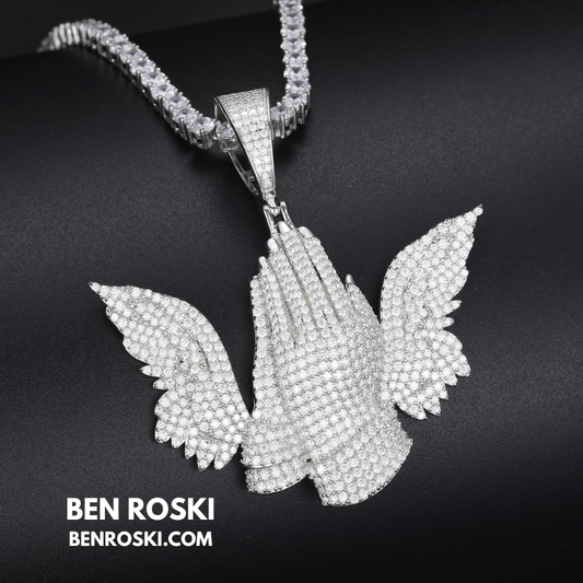 Praying Hands with Wings Pendant Sterling Silver, Gold, or Rose Gold | VVS Moissanite | GRA Certified