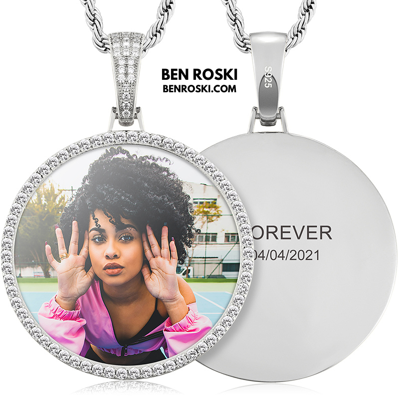 Custom Photo Round Pendant Sterling Silver or Gold & Rose Gold Plated | Moissanite | GRA Certified