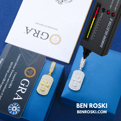 Iced Cross Dog Tag Pendant Sterling Silver, Gold & Rose Gold | VVS Moissanite | GRA Certified