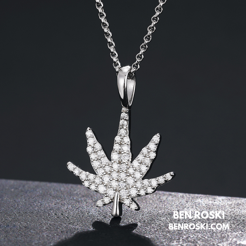 Cannabis Leaf Pendant Sterling Silver or Gold / Rose Gold Plated | VVS Moissanite | GRA Certified