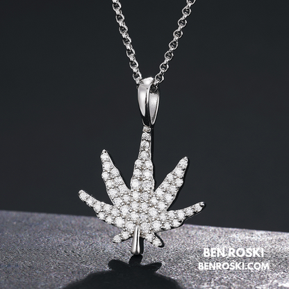 Cannabis Leaf Pendant Sterling Silver or Gold / Rose Gold Plated | VVS Moissanite | GRA Certified