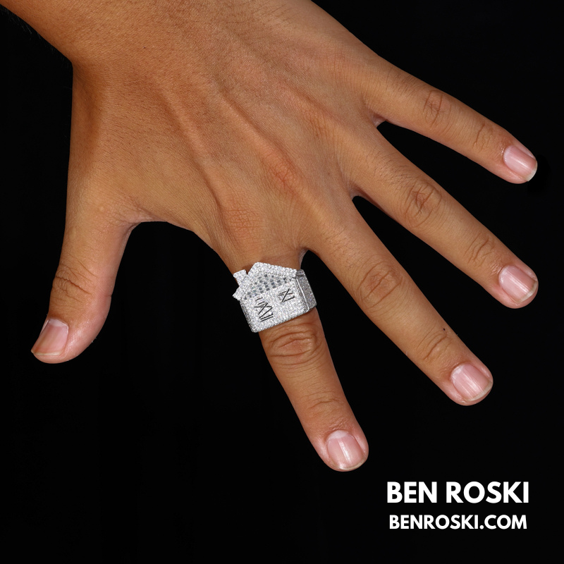 Iced-Out Roman Numeral Mansion Ring Sterling Silver or Gold/Rose Gold Plated | VVS Moissanite | GRA Certified