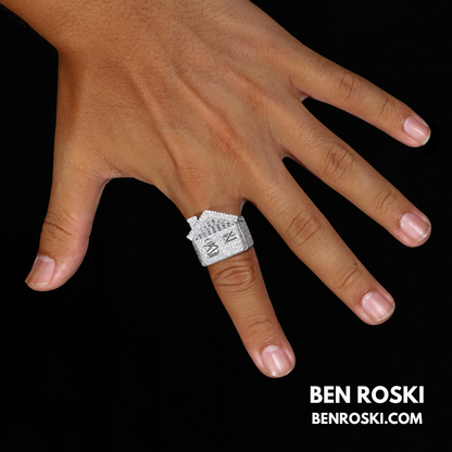 Iced-Out Roman Numeral Mansion Ring Sterling Silver or Gold/Rose Gold Plated | VVS Moissanite | GRA Certified