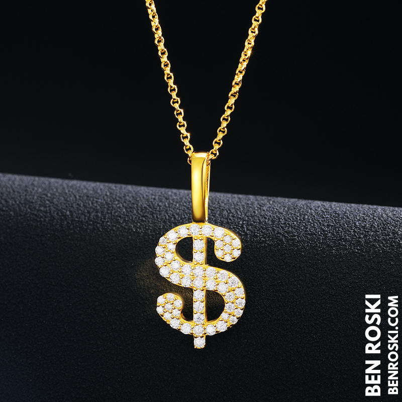 Dollar Sign Pendant Sterling Silver, Gold / Rose Gold Plated | VVS Moissanite | GRA Certified