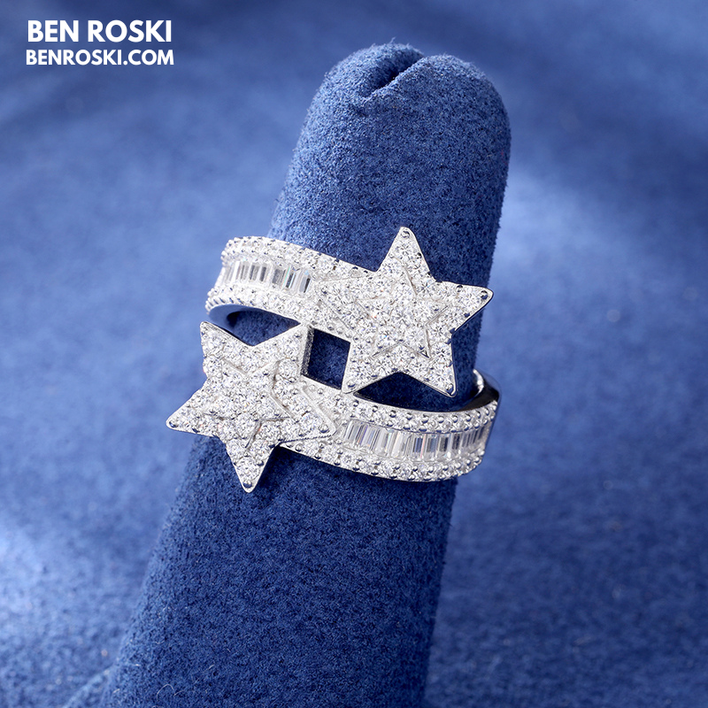 Double Star Moissanite Ring Sterling Silver, Gold & Rose Gold | VVS Moissanite | GRA Certified