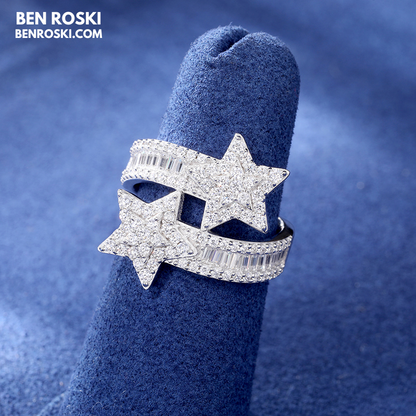 Double Star Moissanite Ring Sterling Silver, Gold & Rose Gold | VVS Moissanite | GRA Certified