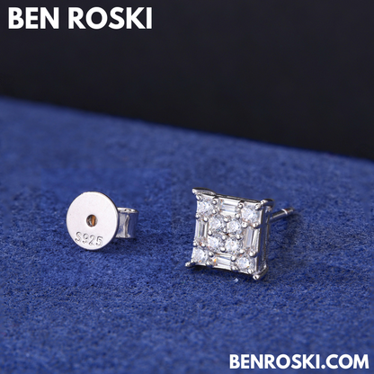 Square Cluster Stud Earrings Sterling Silver or Gold/Rose Gold Plated | VVS Moissanite | GRA Certified