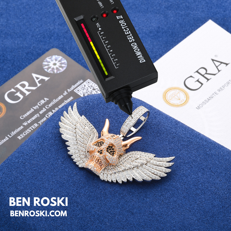 Moissanite Winged Skull Pendant Sterling Silver, Gold & Rose Gold Plated | VVS Moissanite | GRA Certified