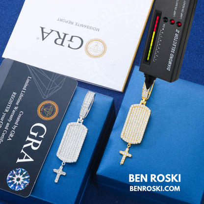 Iced Dog Tag Pendant with Cross Sterling Silver, Gold, or Rose Gold | VVS Moissanite | GRA Certified