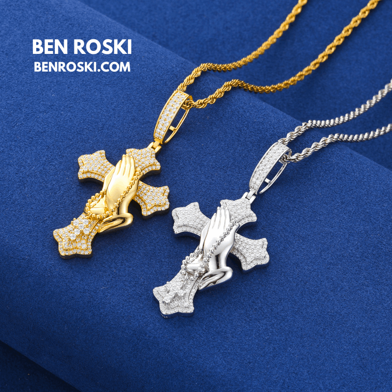 Praying Hands Cross Pendant – 71MM Height | VVS1 Moissanite | GRA Certified