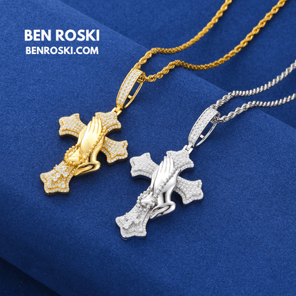 Praying Hands Cross Pendant – 71MM Height | VVS1 Moissanite | GRA Certified