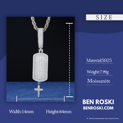 Iced Dog Tag Pendant with Cross Sterling Silver, Gold, or Rose Gold | VVS Moissanite | GRA Certified