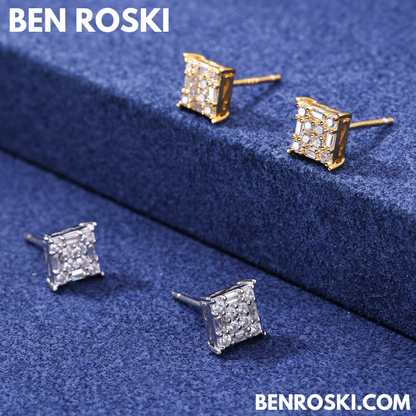 Square Cluster Stud Earrings Sterling Silver or Gold/Rose Gold Plated | VVS Moissanite | GRA Certified