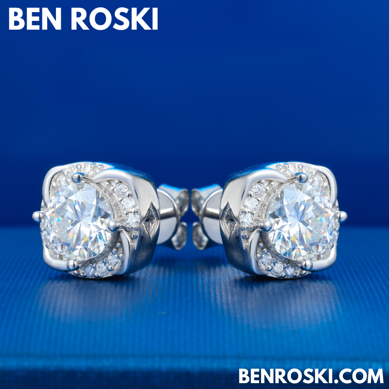 Moissanite Halo Stud Earrings Sterling Silver or Gold/Rose Gold Plated | VVS Moissanite | GRA Certified