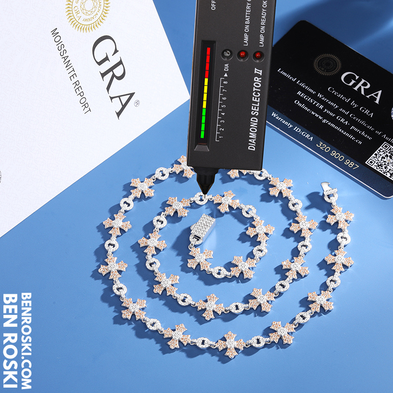 12MM Moissanite Cross Link Chain Sterling Silver, Gold, or Rose Gold | GRA Certified