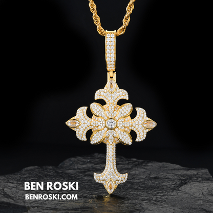 Floral Cross Pendant Sterling Silver, Gold & Rose Gold | VVS Moissanite | GRA Certified