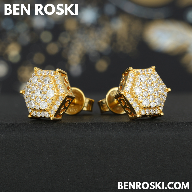 Hexagon Cluster Stud Earrings Sterling Silver, Gold, or Rose Gold Plated | VVS Moissanite | GRA Certified