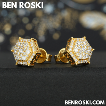 Hexagon Cluster Stud Earrings Sterling Silver, Gold, or Rose Gold Plated | VVS Moissanite | GRA Certified