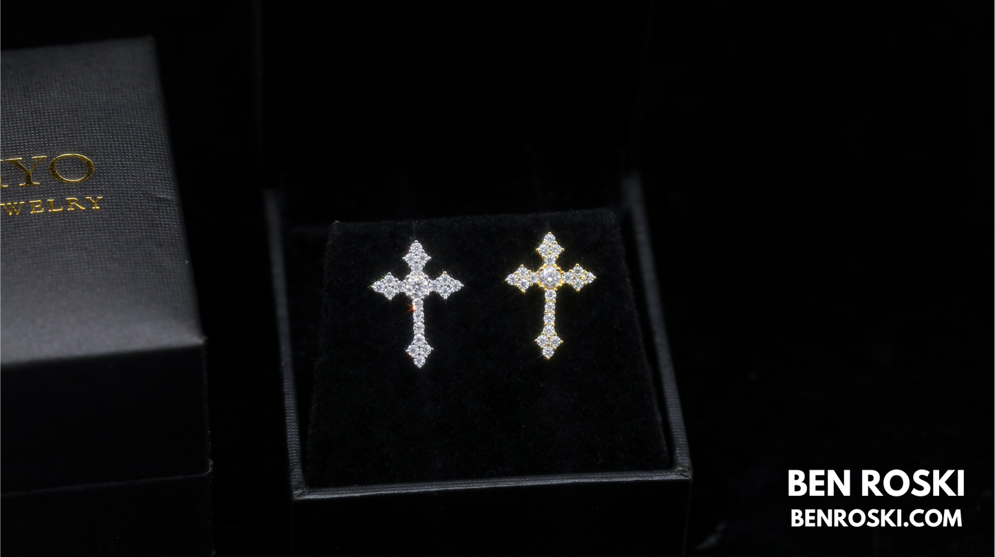 Moissanite Cross Stud Earrings Sterling Silver, Gold, or Rose Gold | VVS Moissanite | GRA Certified