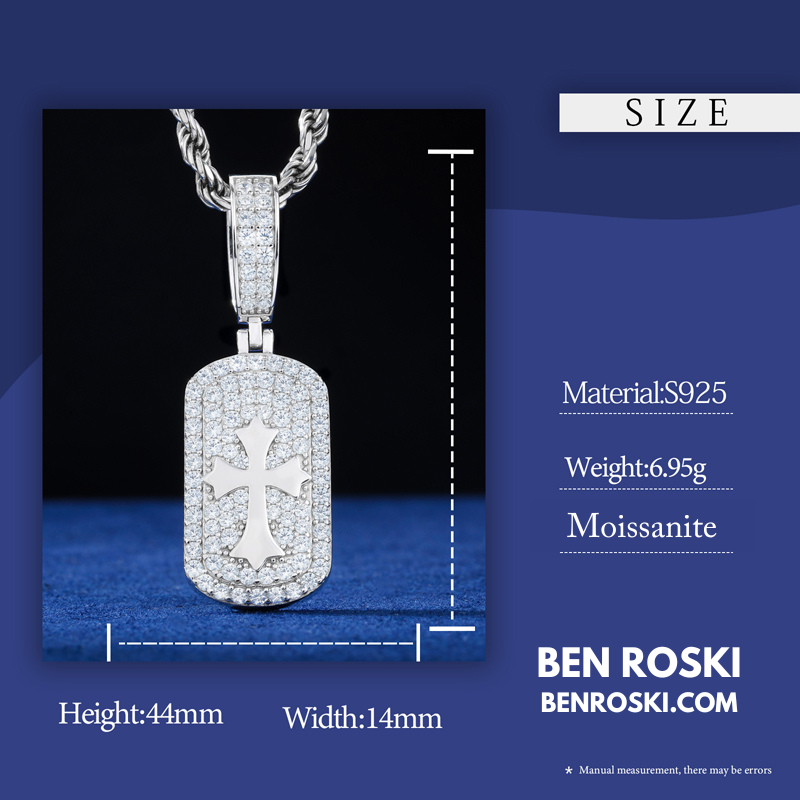 Iced Cross Dog Tag Pendant Sterling Silver, Gold & Rose Gold | VVS Moissanite | GRA Certified