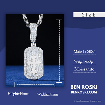 Iced Cross Dog Tag Pendant Sterling Silver, Gold & Rose Gold | VVS Moissanite | GRA Certified