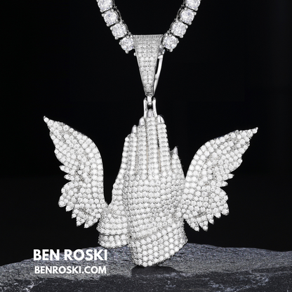 Praying Hands with Wings Pendant Sterling Silver, Gold, or Rose Gold | VVS Moissanite | GRA Certified