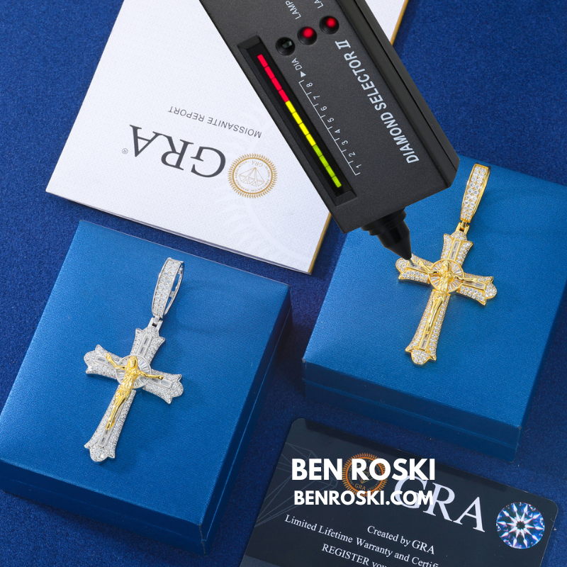 Crucifix Moissanite Cross Pendant Sterling Silver, Gold & Rose Gold | VVS Moissanite | GRA Certified