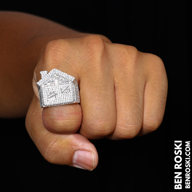 Iced-Out Roman Numeral Mansion Ring Sterling Silver or Gold/Rose Gold Plated | VVS Moissanite | GRA Certified