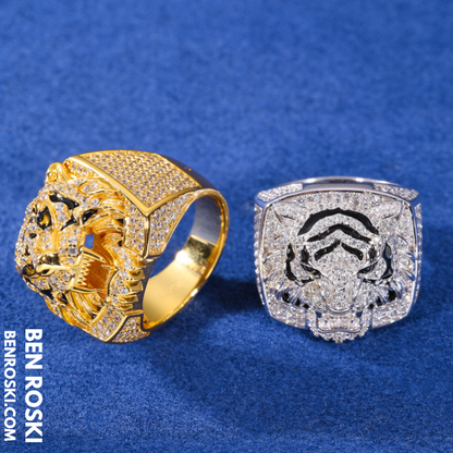 Iced-Out Tiger Head Ring Sterling Silver, Gold & Rose Gold | VVS Moissanite | GRA Certified
