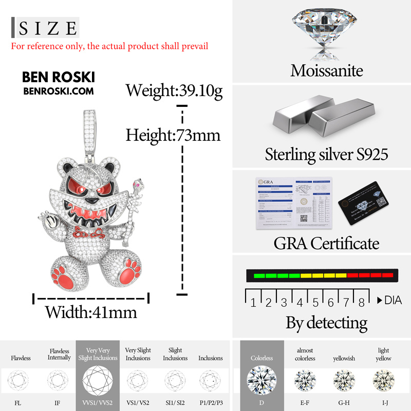 Evil Teddy Bear Pendant Sterling Silver or Gold / Rose Gold Plated | VVS Moissanite | GRA Certified
